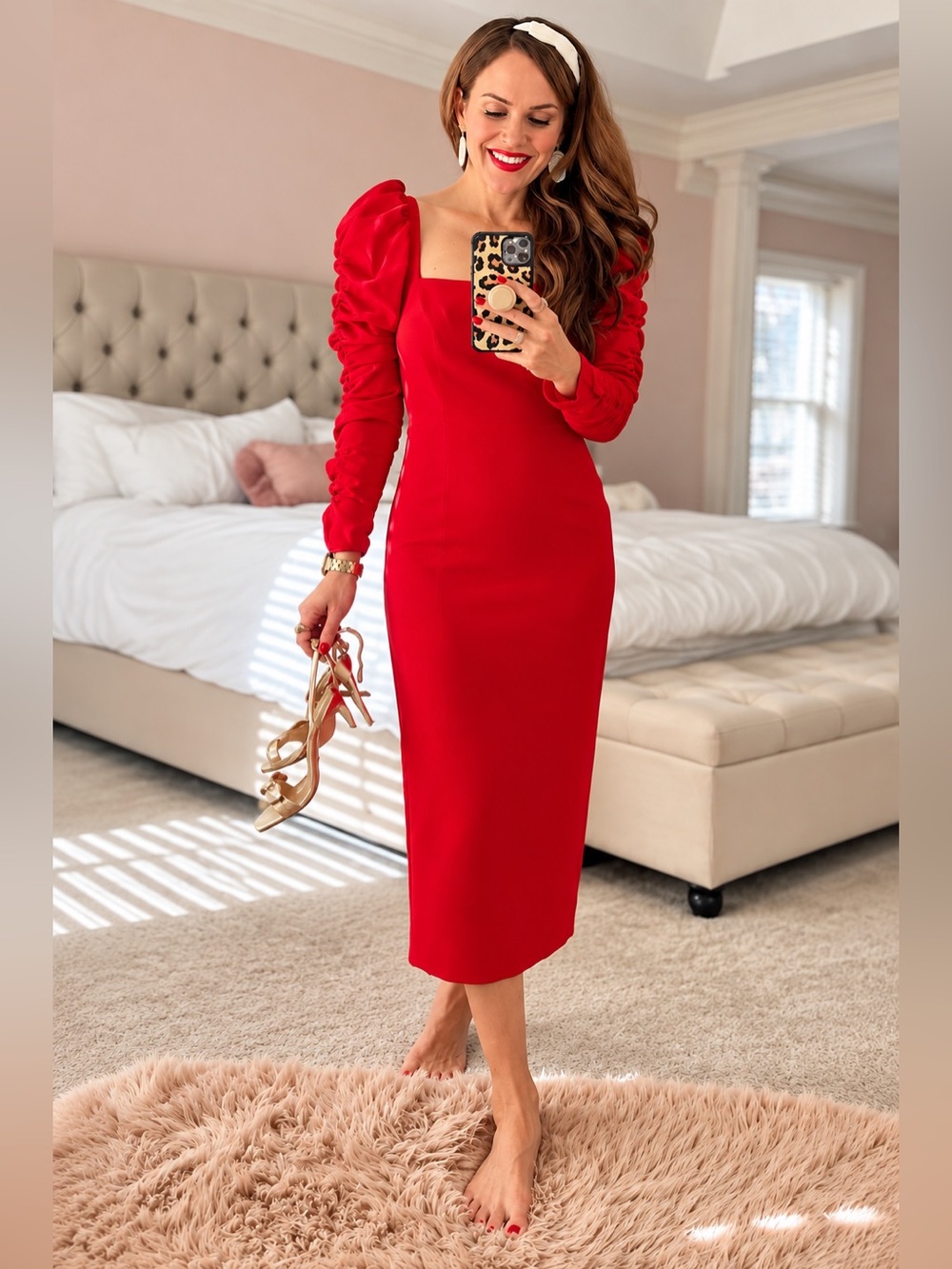 NWT Antonio Melani Elena Red Crepe Square Neck Ruched Sleeve Midi Dress Sz 4